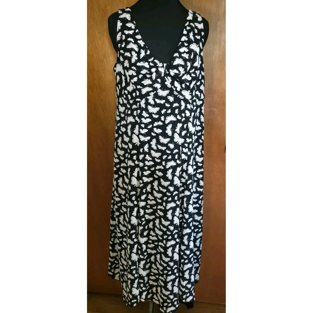 Emma James Dress Size 12 Vintage 90s Y2K Style Black White Butterfly Print Midi